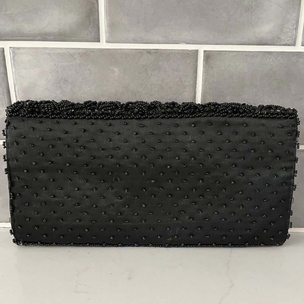 Vintage La Regale Ltd Nlack Beaded Sequined Satin Evening Clutch Bag Hong Kong
